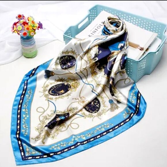 Women's Fashion Red or Blue Print Square Scarf Soft Satin Silky Shawl Scarves - Picture 1 of 10